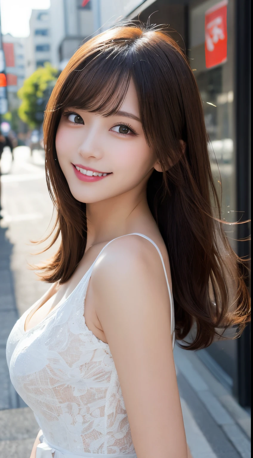 masutepiece, Best Quality, Illustration, Ultra-detailed, finely detail, hight resolution, 8K Wallpaper, Perfect dynamic composition, Beautiful detailed eyes, Women's Fashion Summer,Medium Hair,Small breasts natural color lip, Bold sexy poses,Smile,Harajuku、20 years girl、Cute、Sexy shot looking at camera