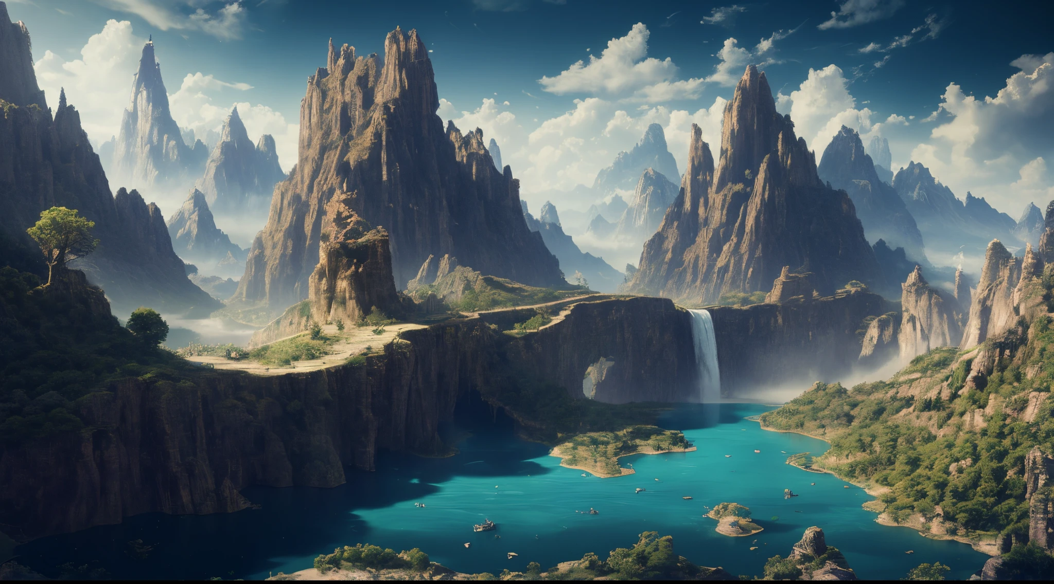 masterpiece, best quality, high quality, extremely detailed CG unity 8k wallpaper, scenery, outdoors, sky, cloud, day, no humans, mountain, landscape, water, tree, blue sky, waterfall, cliff, nature, lake, river, cloudy sky,award winning photography, Bokeh, Depth of Field, HDR, bloom, Chromatic Aberration ,Photorealistic,extremely detailed, trending on artstation, trending on CGsociety, Intricate, High Detail, dramatic, art by midjourney