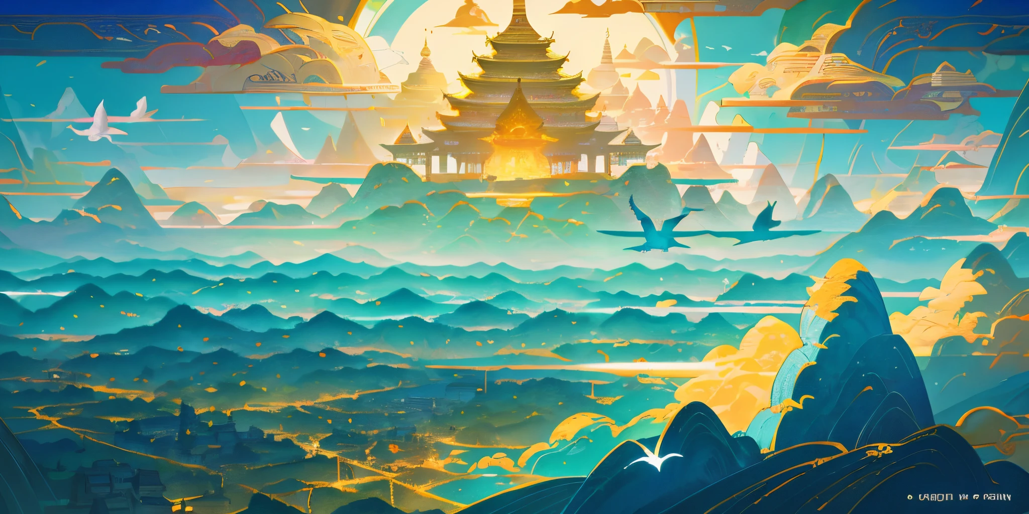 images of asian landscapes，There are mountains and birds in the sky, In the style of otherworldly fantasy scenes, Light cyan and gold, intricate map world, Hyper-realistic illustration, Romanticized cityscape, detailed character illustrations, Organic shapes and curves, , --v6