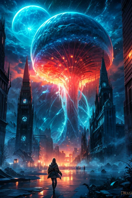 draw me an enormous cyclone in a city with fantasy style of magic the gathering, destruction of the builds