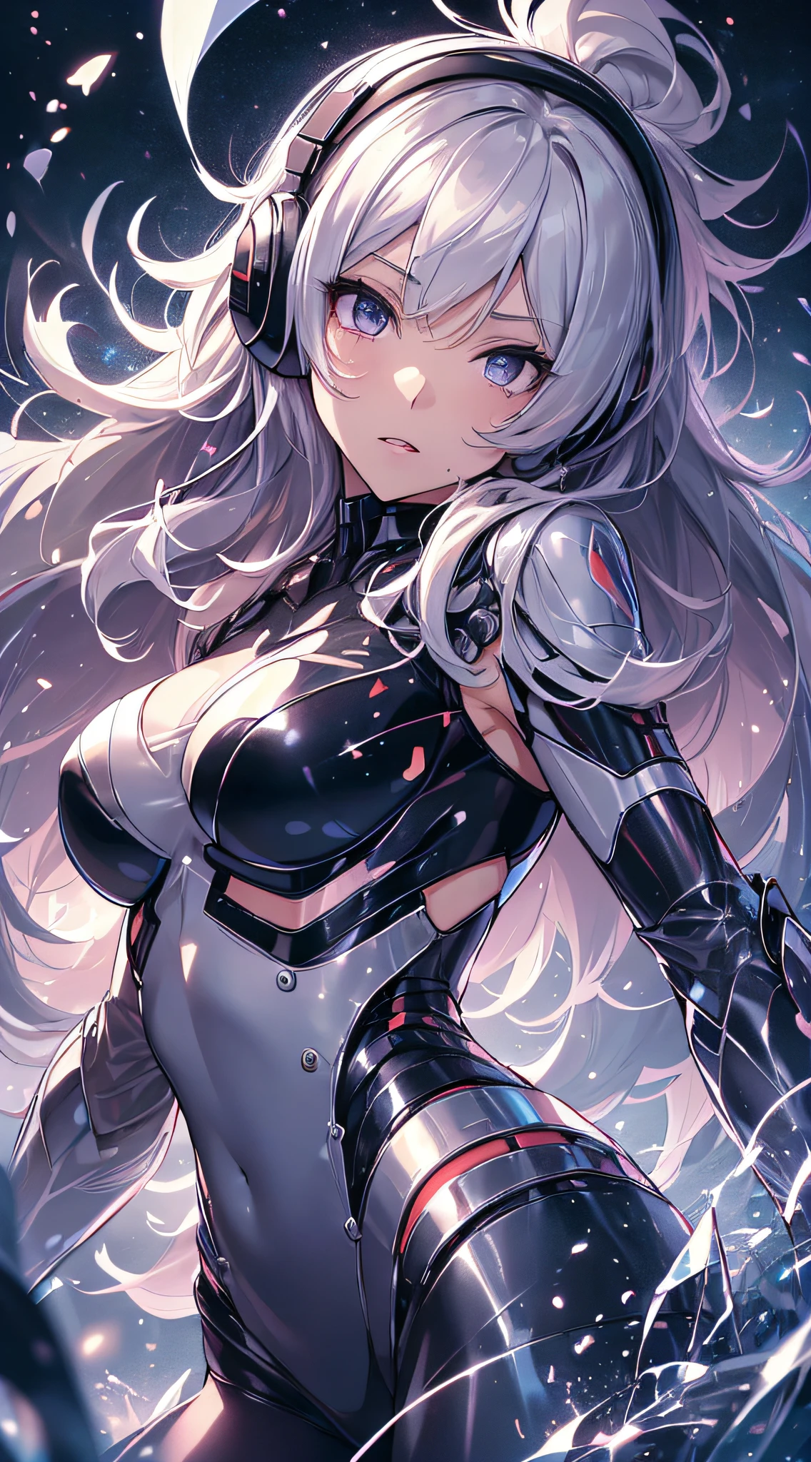 top-quality、Top image quality、masterpiece、girl with((black mecha suit、Shining gold mech suit、18year old、 Ager、cute little、Best Bust、big bast,Beautifully shining purple eyes open wide, Messy silver hair、Longhaire、A slender,big moves in volleyball,mechanic jet pack、headphone pose、running splatter、sucked into a black hole)),hiquality、Beautiful Art、Background with((A world of shining galaxies、black hole)))、,masutepiece、depth of fields,Cinematic style