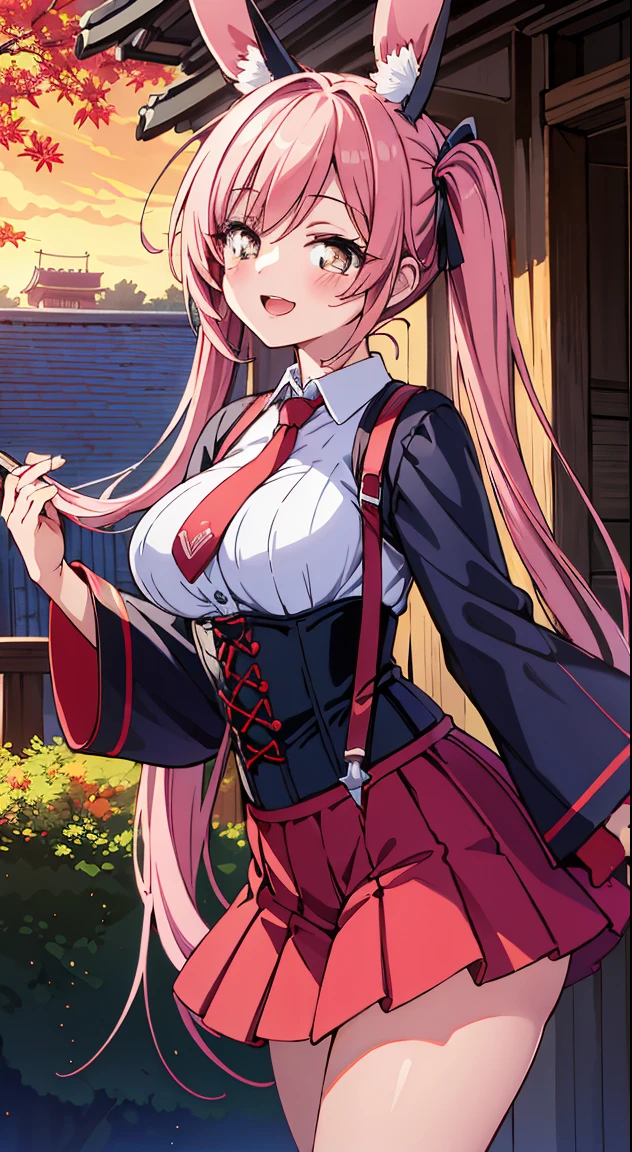 masutepiece,Best Quality,(Cute illustration:1,2),(Absurd realistic structure details),(High resolution complex and detailed text quality),(High-resolution microstructure,High poly 3 boobs D rendering correction),Methods of geometry,Careful explanatory anatomy,
1 beautiful girl, Solo,(Cute:1.5),(Chibi:0.8), (kawaii:1.5),(Lori:0.5), BREAK, (girl, Cute, Cheerful, face, medium breasts:1.2),(Pink hair,disheveled short twin tails,tareme,Gold eyes:1.2),gleaming skin,Clear skin, cleavage of the breast,Beautiful , gleaming skin,Clear skin, Beautiful skin,( A smile:1.5),(best quality face),(Top quality glowing eyes), (Doya face,brave face:1.45), BREAK BREAK (Black and white theme:1.4), (black fake rabbit ears:1.3), (A fusion of a long-sleeved white collared shirt and a black corset with suspenders.:1.5), (Black fishnet stockings:1.3), (high-heels:1.1),
BREAK (Red Theme:1.3), (Red tie:1.4), (Red pleated skirt:1.4),
BREAK, 鎖骨,Hair intake, Hand up, Navel, Parted lips, Solo, Stomach,architecture, Blue sky, (autumn forest:1.2), wooden building, Kiyomizu-dera Temple, balconies, Blue sky, crystal clear skies, Blurry background, longshot, Standing, Sunset, Thighs Thighs Thighs\), Twilight,Happy,Laugh,blush,Opened mouth,Closed eyes,Beautiful sunset,Twilight,Backlighting,Waterfall,depth of fields,
BREAK,wakame,wakame,wakame,(Dynamic Angle:1.4),
BREAK,(Blurry background:1.3),(absurderes, hight resolution, Super Detail Art),cel shading,Clear Color, Lonely optical effect, Beautiful pictures, Bright glow, mystic atmosphere,(Close-up of girl:1.1), Mystical light particle effect,manga influence, clean line drawings,