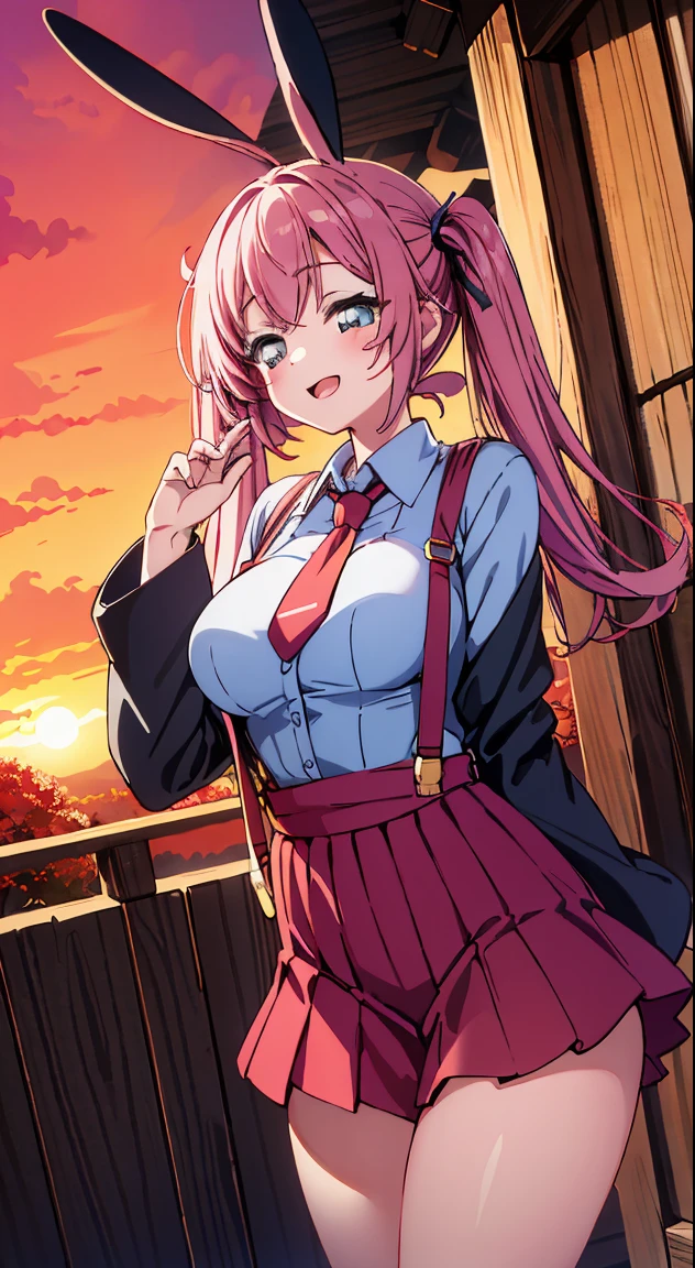 masutepiece,Best Quality,(Cute illustration:1,2),(Absurd realistic structure details),(High resolution complex and detailed text quality),(High-resolution microstructure,High poly 3 boobs D rendering correction),Methods of geometry,Careful explanatory anatomy,
1 beautiful girl, Solo,(Cute:1.5),(Chibi:0.8), (kawaii:1.5),(Lori:0.5), BREAK, (girl, Cute, Cheerful, Loli face, medium breasts:1.2),(Pink hair,disheveled short twin tails,tareme,Gold eyes:1.2),gleaming skin,Clear skin, cleavage of the breast,Beautiful , gleaming skin,Clear skin, Beautiful skin,( A smile:1.5),(best quality face),(Top quality glowing eyes), (Doya face,brave face:1.45), BREAK BREAK (Black and white theme:1.4), (black fake rabbit ears:1.3), (A fusion of a long-sleeved white collared shirt and a black corset with suspenders.:1.5), (Black fishnet stockings:1.3), (high-heels:1.1),
BREAK (Red Theme:1.3), (Red tie:1.4), (Red pleated skirt:1.4),
BREAK, 鎖骨,Hair intake, Hand up, Navel, Parted lips, Solo, Stomach,architecture, Blue sky, (autumn forest:1.2), wooden building, Kiyomizu-dera Temple, balconies, Blue sky, crystal clear skies, Blurry background, longshot, Standing, Sunset, Thighs Thighs Thighs\), Twilight,Happy,Laugh,blush,Opened mouth,Closed eyes,Beautiful sunset,Twilight,Backlighting,Waterfall,depth of fields,
BREAK,wakame,wakame,wakame,(Dynamic Angle:1.4),
BREAK,(Blurry background:1.3),(absurderes, hight resolution, Super Detail Art),cel shading,Clear Color, Lonely optical effect, Beautiful pictures, Bright glow, mystic atmosphere,(Close-up of girl:1.1), Mystical light particle effect,manga influence, clean line drawings,
