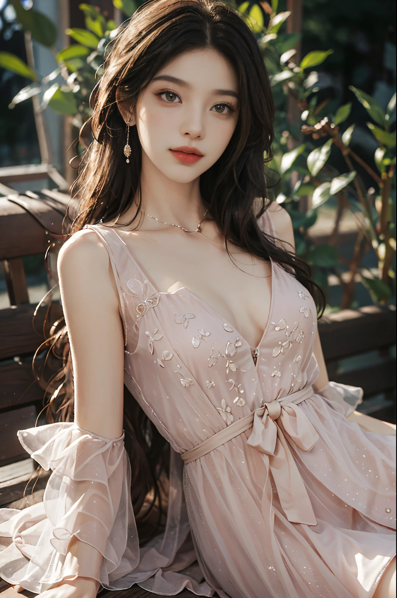 dress,,fashi-girl, red lips, mature female, makeup, Big eyes, Pretty eyes, ((full body)), ((Random shooting angles)), (best quality, masterpiece:1.2), ultra-detailed, (realistic:1.37), beautiful, youthful, glamorous model with (detailed eyes, detailed lips, extremely detailed eyes), with white and floral colors, showcasing a radiant smile, creating a breathtaking depiction of a girl, Warm tones, extremely high color saturation, official art, extremely detailed CG unified 8k wallpaper,(High dynamic range :1.4), (cinematic),(soft colors, dull colors, soothing tones :1.3), (natural skin texture, ultra-realistic, soft light, sharp),(very detailed), Night, moonlight, In an antique pavilion, sit on a bench against the guardrail