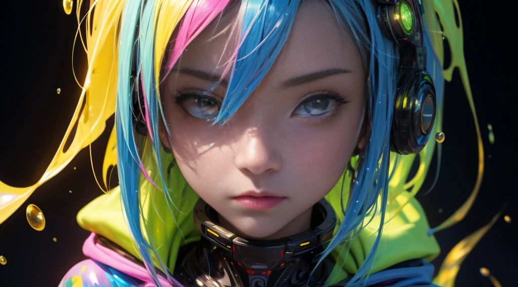 Masterpiece designs by the world's top AI artists, top-quality, 8K, High image quality, (Paint splashes)，Colorful ，Glow Color，lamplight，The Girl，(full body Esbian)，Look at the camera，Slime Girl，Glass-like outfits，Sleeves glow，large round eyes，cute little，The sky is wide，Interdimensional space、Fractal Art，Cyber City