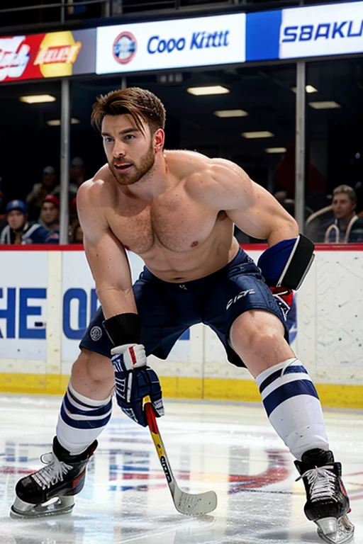 chris evans is a ice hockey player, muscular body, he is in an ice rink