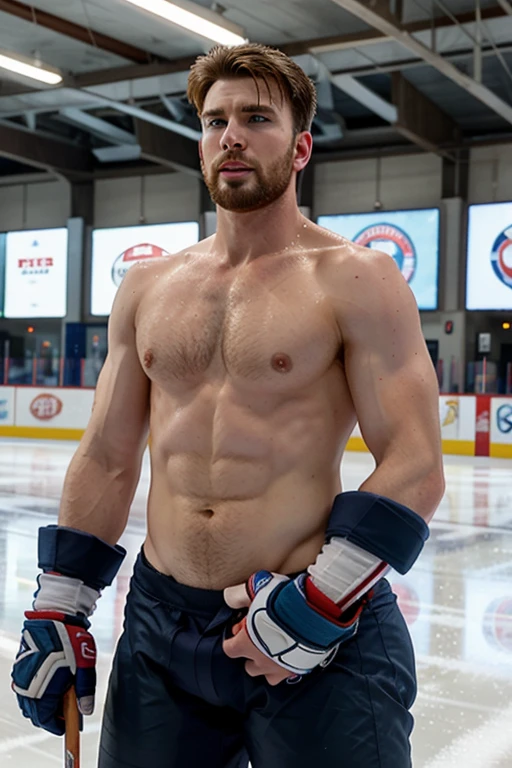 chris evans is a ice hockey player, muscular body, he is in an ice rink