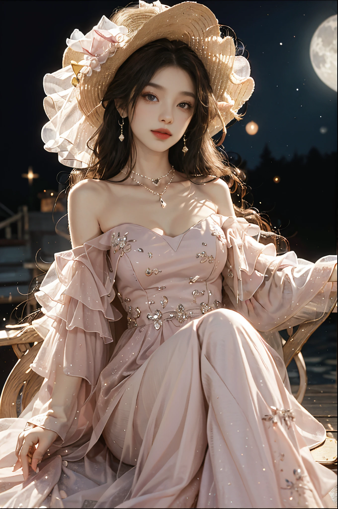 dress,,fashi-girl, red lips, mature female, makeup, Big eyes, Pretty eyes, ((full body)), ((Random shooting angles)), (best quality, masterpiece:1.2), ultra-detailed, (realistic:1.37), beautiful, youthful, glamorous model with (detailed eyes, detailed lips, extremely detailed eyes), with white and floral colors, showcasing a radiant smile, creating a breathtaking depiction of a girl, Warm tones, extremely high color saturation, official art, extremely detailed CG unified 8k wallpaper,(High dynamic range :1.4), (cinematic),(soft colors, dull colors, soothing tones :1.3), (natural skin texture, ultra-realistic, soft light, sharp),(very detailed), Night, moonlight, In an antique pavilion, sit on a bench against the guardrail