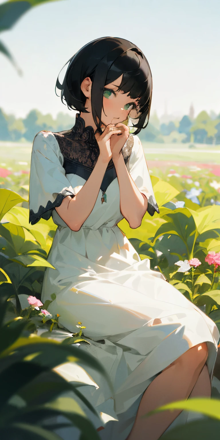 (masterpiece, best quality),1girl with short black hair sitting in a field of green plants and flowers, her hand under her chin, warm lighting, white dress, blurry foreground