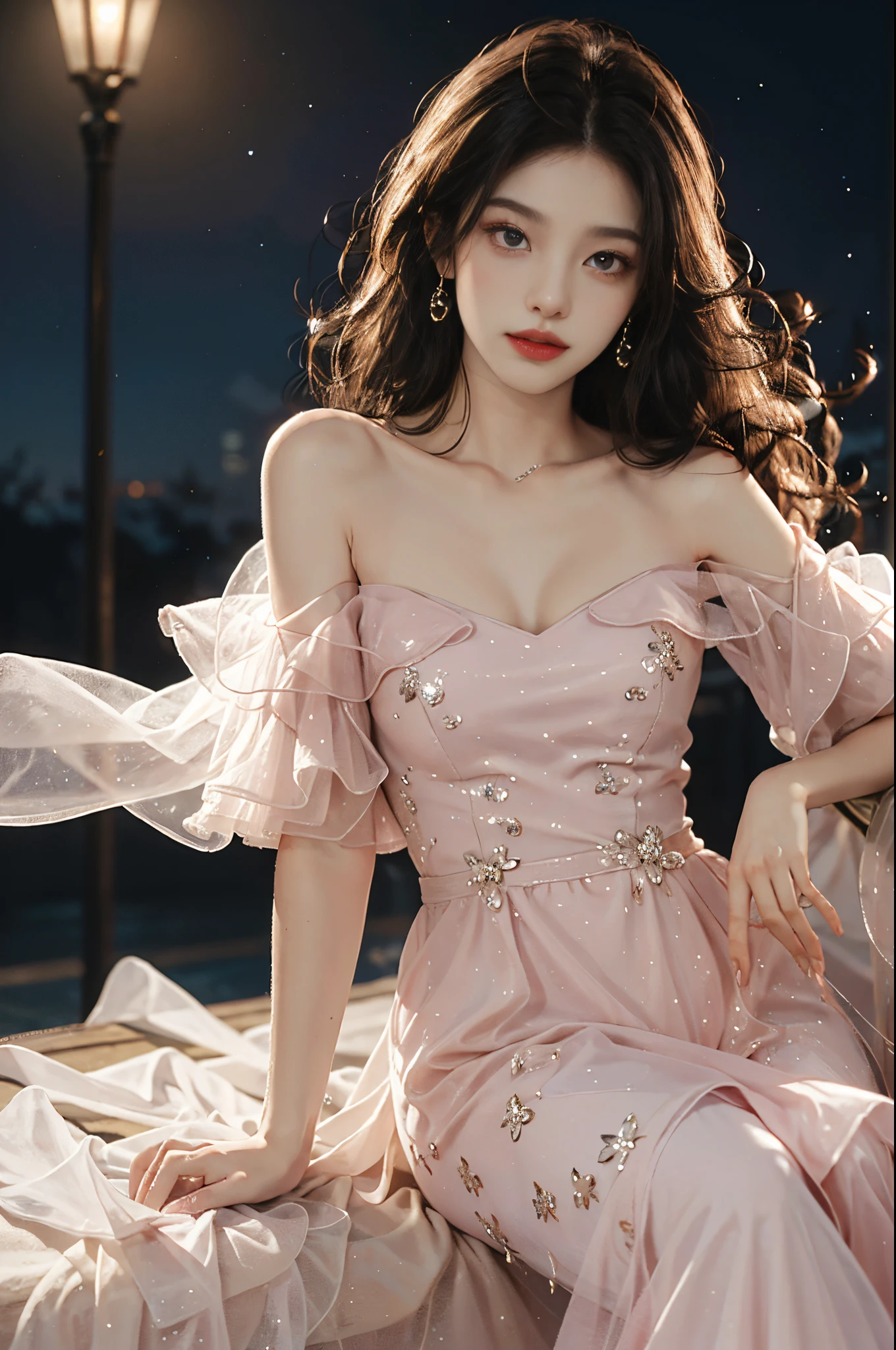 dress,,fashi-girl, red lips, mature female, makeup, Big eyes, Pretty eyes, ((full body)), ((Random shooting angles)), (best quality, masterpiece:1.2), ultra-detailed, (realistic:1.37), beautiful, youthful, glamorous model with (detailed eyes, detailed lips, extremely detailed eyes), with white and floral colors, showcasing a radiant smile, creating a breathtaking depiction of a girl, Warm tones, extremely high color saturation, official art, extremely detailed CG unified 8k wallpaper,(High dynamic range :1.4), (cinematic),(soft colors, dull colors, soothing tones :1.3), (natural skin texture, ultra-realistic, soft light, sharp),(very detailed), Night, moonlight, In an antique pavilion, sit on a bench against the guardrail