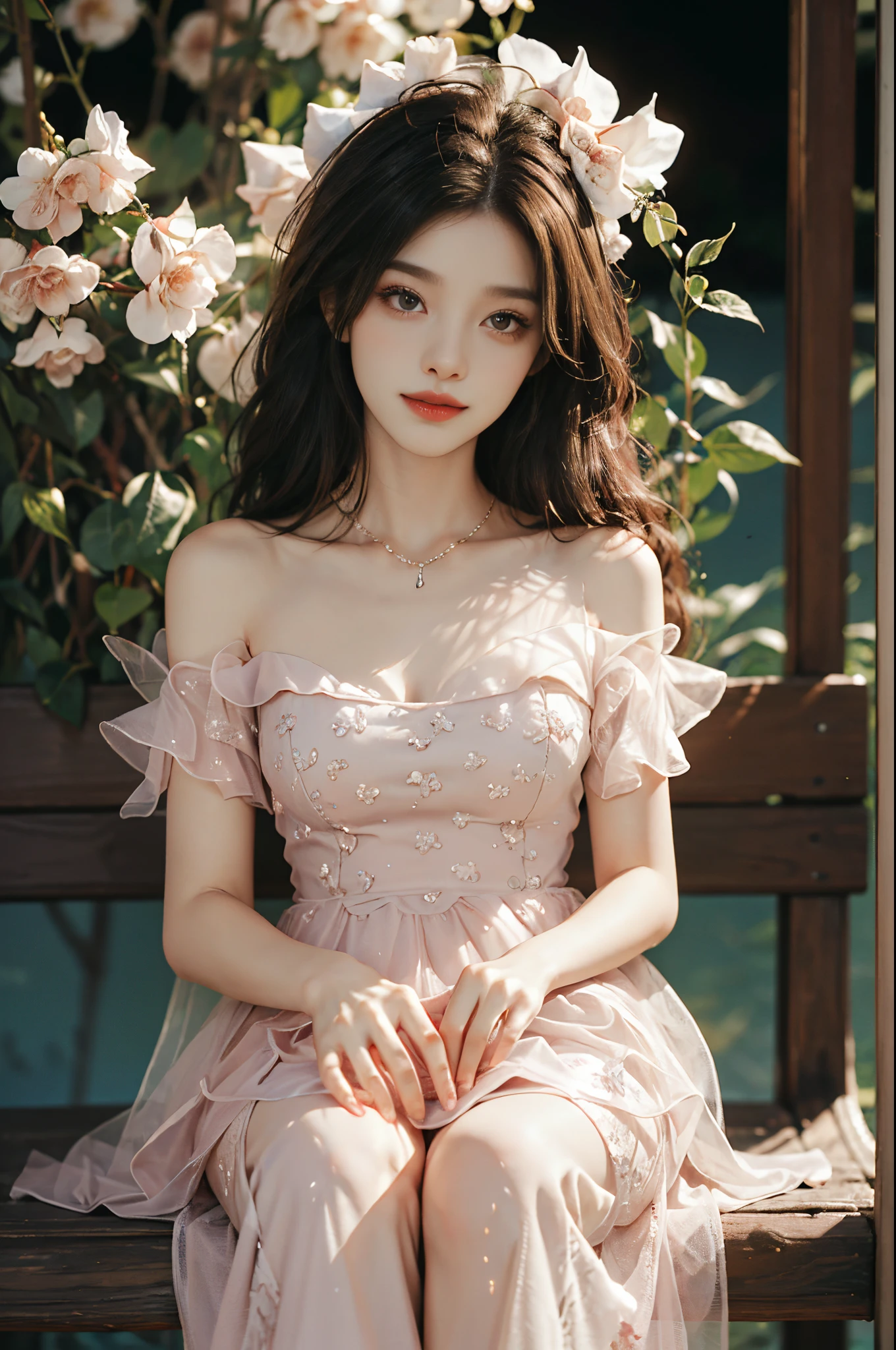 dress,,fashi-girl, red lips, mature female, makeup, Big eyes, Pretty eyes, ((full body)), ((Random shooting angles)), (best quality, masterpiece:1.2), ultra-detailed, (realistic:1.37), beautiful, youthful, glamorous model with (detailed eyes, detailed lips, extremely detailed eyes), with white and floral colors, showcasing a radiant smile, creating a breathtaking depiction of a girl, Warm tones, extremely high color saturation, official art, extremely detailed CG unified 8k wallpaper,(High dynamic range :1.4), (cinematic),(soft colors, dull colors, soothing tones :1.3), (natural skin texture, ultra-realistic, soft light, sharp),(very detailed), Night, moonlight, In an antique pavilion, sit on a bench against the guardrail