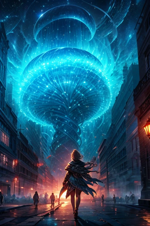 draw me an enormous cyclone in a city with fantasy style of magic the gathering