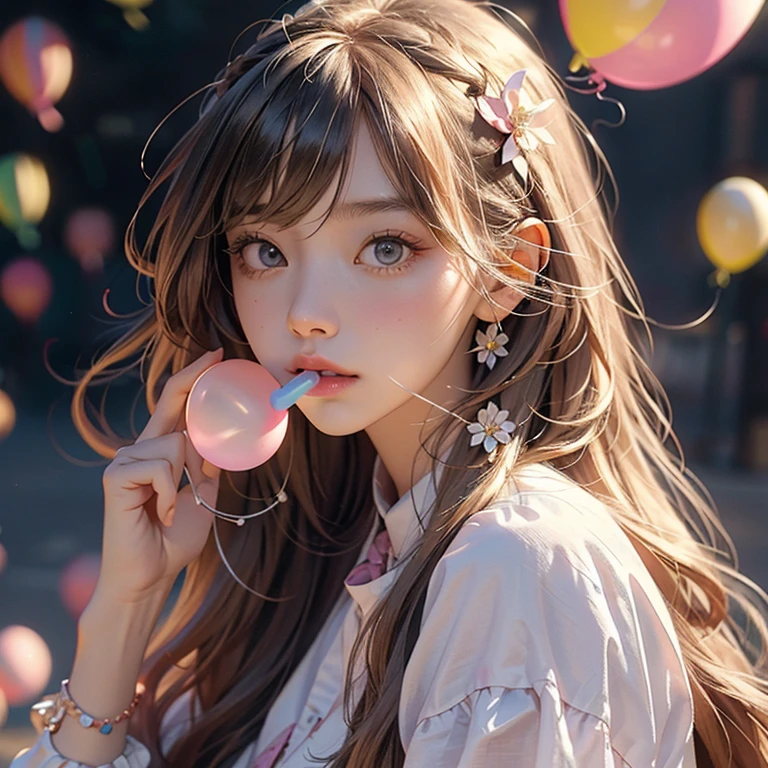 Bubble_gum blowing, Chewing_gums, 1girl in, Solo, baloons, long_hair, Bangs, up looking_で_viewer, Eyelashes, the Extremely Detailed CG Unity 8K Wallpapers,masutepiece, Best Quality, Ultra-detailed, Beautiful detailed eyes:1.2,Best Illumination, (Best Shadow, extremely delicate and beautiful, bloom),