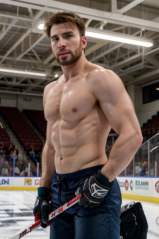 chris evans is a ice hockey player, muscular body, he is in an ice rink