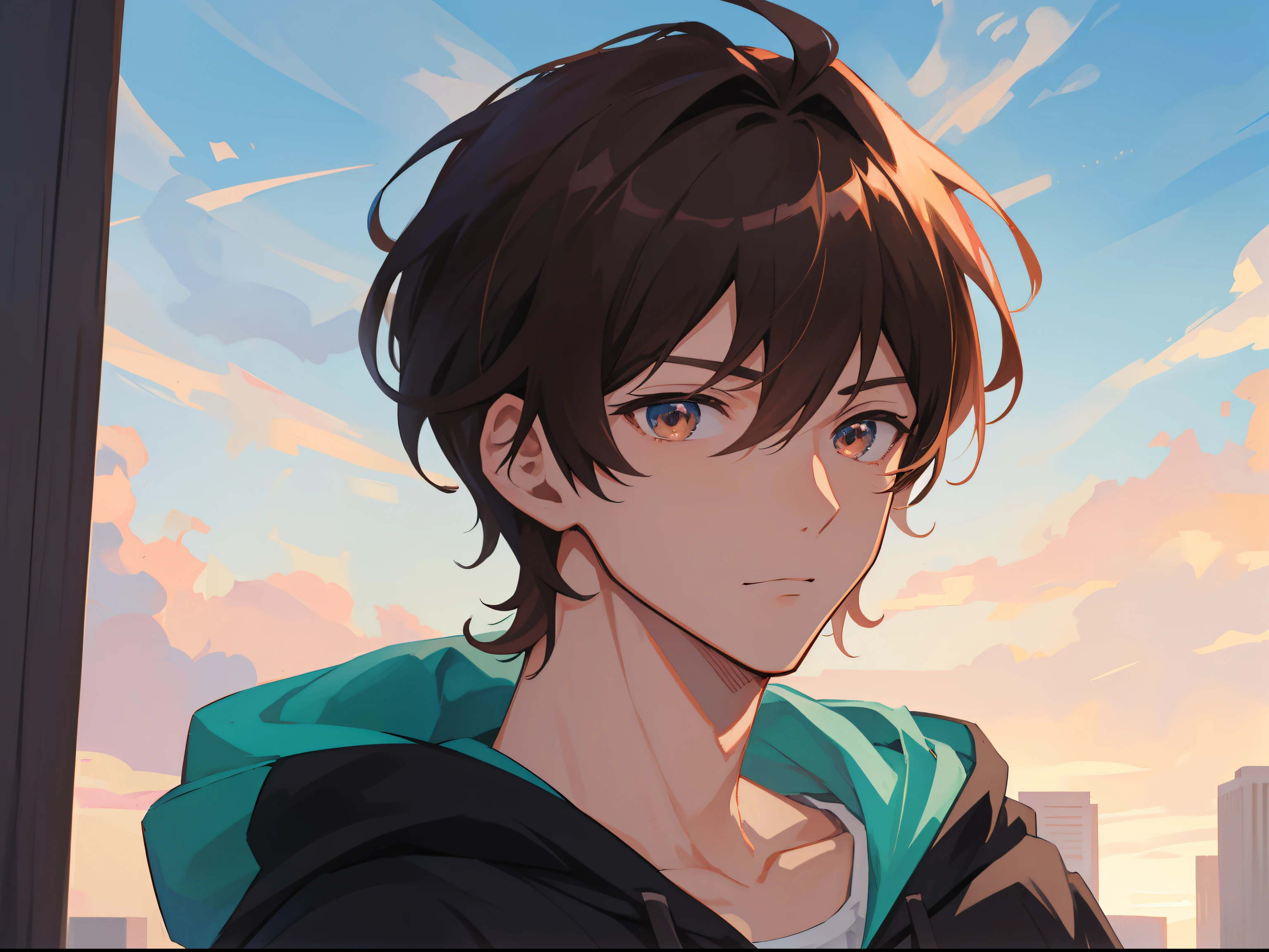 Anime character wearing hoodie , anime handsome man, Anime boys, male anime characters, handsome anime pose, Male anime style, Tall anime character with hazel eyes, Anime handsome avatar, he has brown hair, as hair color, Short hair and different hairstyles, Heroic art