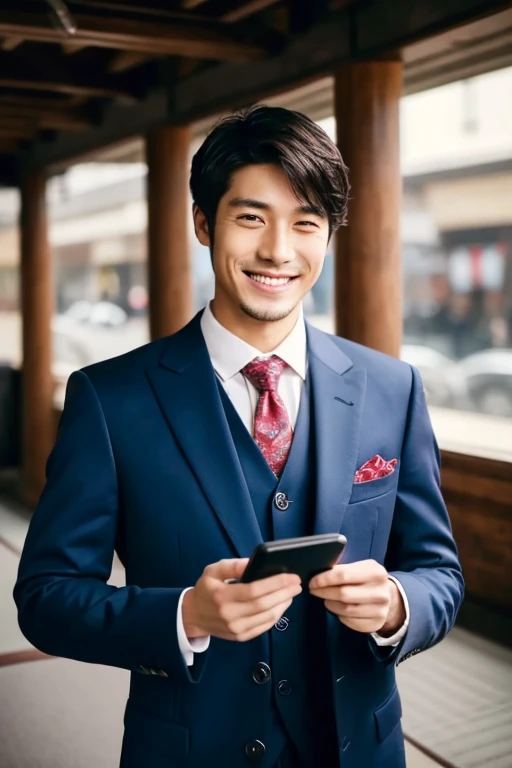 man looking at smartphone,a smile,handsome japanese 25 year old man,wears a suit