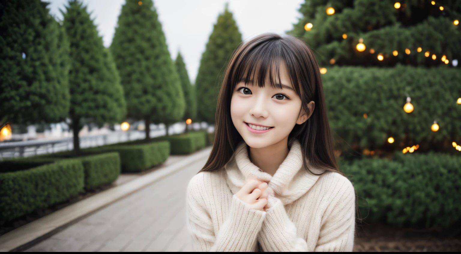 1girl in, 、Gravure model for Japan, (cute little, a beauty girl,profile:1.2), Modest big, 𝓡𝓸𝓶𝓪𝓷𝓽𝓲𝓬,Beautiful Christmas night view and snow:1.2, (Looking up at the big Christmas tree:1.5)、A town with beautiful Christmas illuminations, (fluffy white wool sweater:1.2), red scarf, (Red pleated skirt), A dark-haired、Lost in thought with a happy expression、 Best Quality, hight resolution, Detailed skin, Detailed face and eyes, Hi-Res, Natural lighting, Perfect Anatomy, Physically-based rendering, Photorealistic, symmetric clear eyes, Well-groomed face,Teenage girl, Pergure, Transparency, hposing Gravure Idol,
