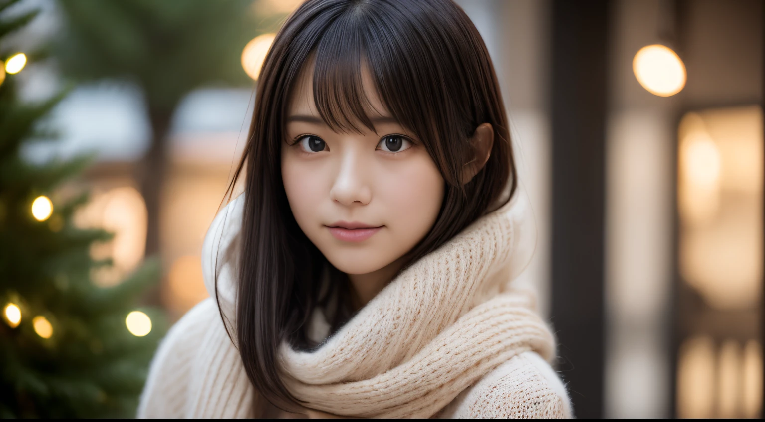 1girl in, 、Gravure model for Japan, (cute little, a beauty girl,profile:1.2), Modest big, 𝓡𝓸𝓶𝓪𝓷𝓽𝓲𝓬,Beautiful Christmas night view and snow:1.2, (Looking up at the big Christmas tree:1.5)、A town with beautiful Christmas illuminations, (fluffy white wool sweater:1.2), red scarf, (Red pleated skirt), A dark-haired、Lost in thought with a happy expression、 Best Quality, hight resolution, Detailed skin, Detailed face and eyes, Hi-Res, Natural lighting, Perfect Anatomy, Physically-based rendering, Photorealistic, symmetric clear eyes, Well-groomed face,Teenage girl, Pergure, Transparency, hposing Gravure Idol,