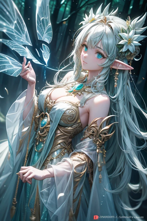 ((Elfgirl)), on the headpiece, ela usa uma coroa de folhas, galhos e flores de outono;, em uma luxuosa clareira de floresta de outono onde a floresta brilha com uma luz bioluminescente quase fraca, escuro como a noite, An illuminated clearing in the forest at night 8K, (best quality,ultra-detailed,realistic:1.37),anime style,fantasy,standing,full body,medium close-up,skirt,ancient buildings,daylight,curly hair,serious expression,wisps of fog,soft sunlight,enchanted atmosphere,subtle shadows,lush landscape,pastel color palette,vibrant greenery,ornate details,strong character presence,dynamic pose,magic in the air,fantasy creatures peeking from the background.