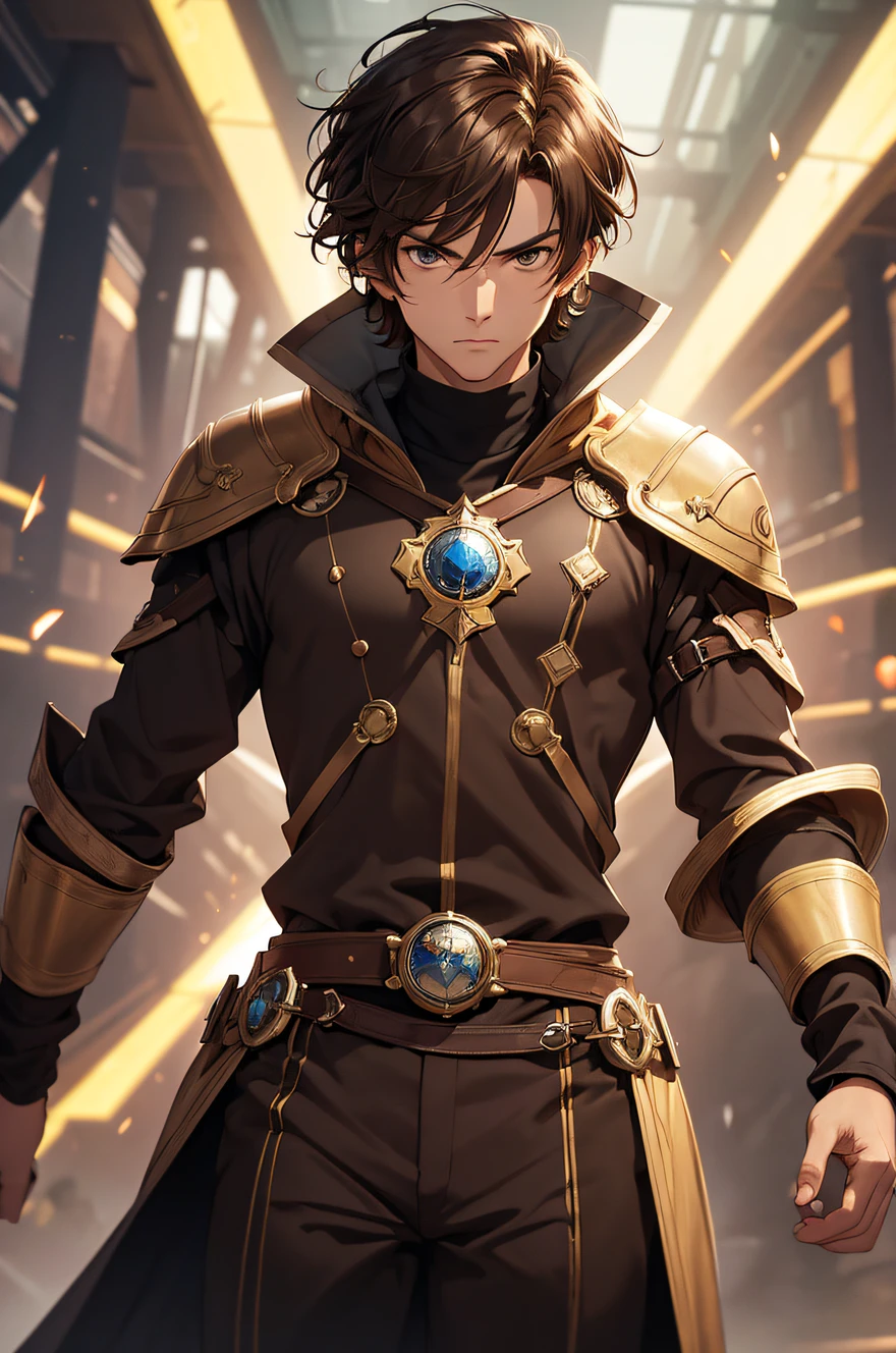 (Masterpiece, Best quality, high resolucion) 1 homme Erth Bender aux cheveux courts bruns et aux yeux marron utilisant la magie de la terre . Il a l'air series and determination, Attack pose. Uniforme universitaire, details marron. debout au milieu, regardant droit vers le public. Monde fantastique, Contexte scolaire