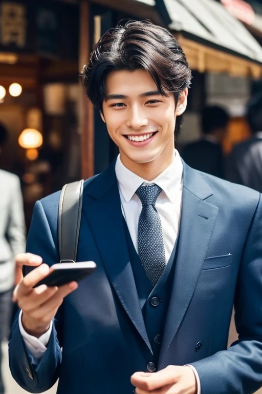 man looking at smartphone,a smile,20 year old man with handsome Japan,wears a suit