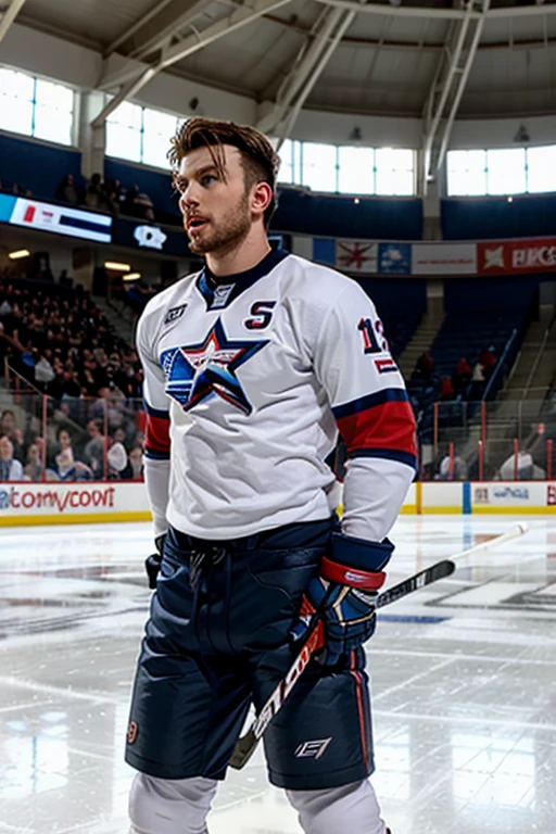 chris evans is a ice hockey player, muscular body, he is in an ice rink