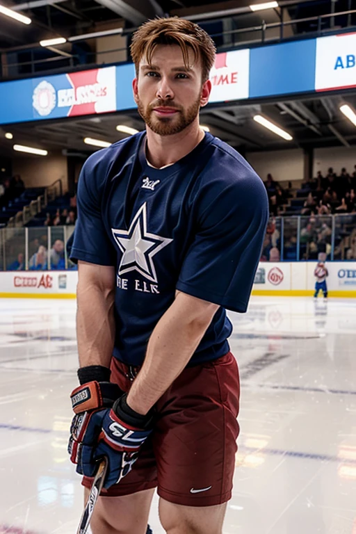 chris evans is a ice hockey player, muscular body, he is in an ice rink