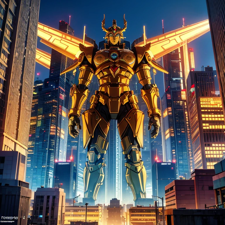 giant mech inspired by the Hindu god Vishnu, towering over the bustling cityscape of Mumbai. Illustrate intricate details in the mech's design, incorporating elements reminiscent of Vishnu's divine attributes. Envision the colossal machine adorned with battle damage, showcasing scars and wear from a fierce battle. Highlight the contrast between the ancient divine inspiration and the modern setting. Capture the essence of Mumbai's skyline and city life as the backdrop, emphasizing the fusion of mythology and futuristic technology in this epic scene."
