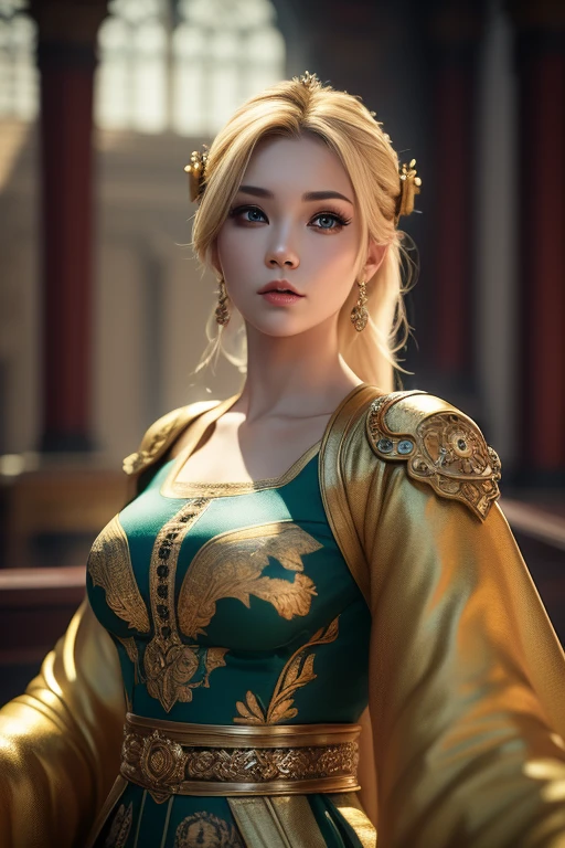 1girl, masterpiece, best quality, 8k, detailed skin texture, detailed cloth texture, beautiful detailed face, intricate details, ultra detailed, a european girl, green eyes, blonde curly hai, 3D character, Medieval Knight