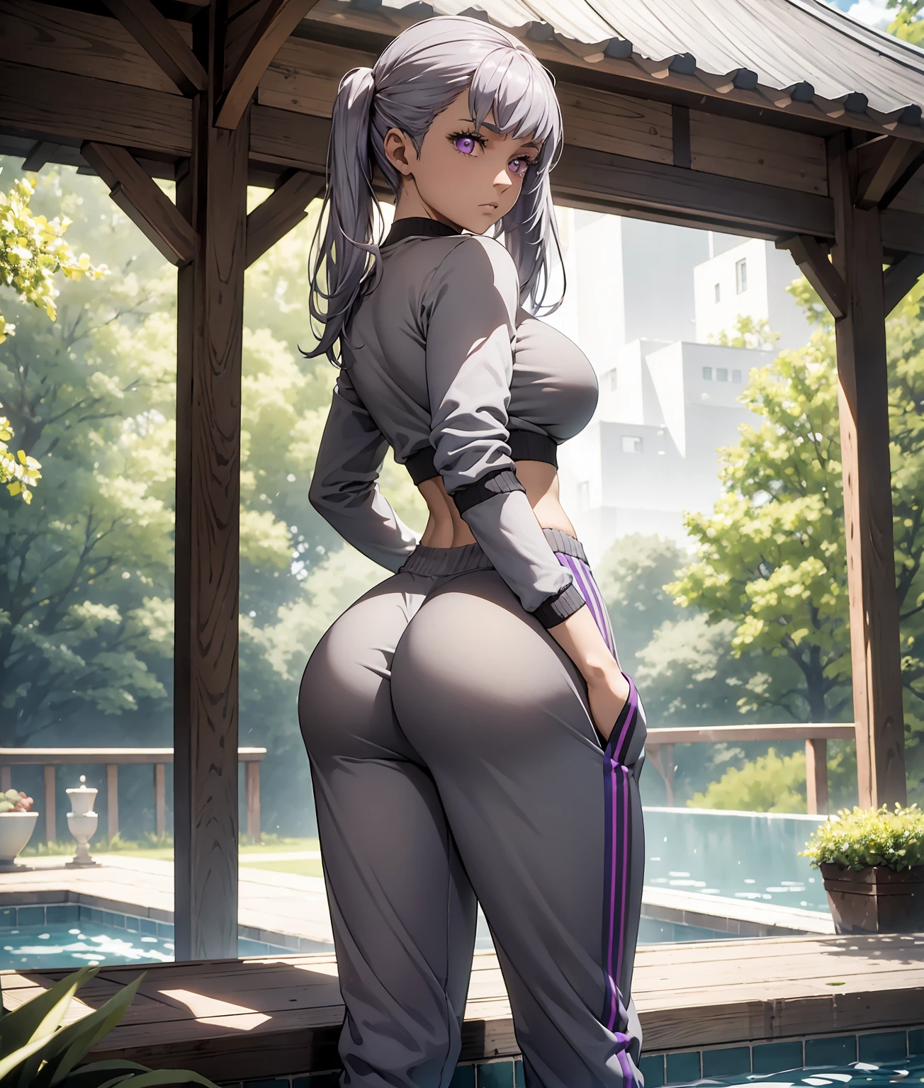 Meisterwerk, Atemberaubend realistisch, fotorealistisch, 12K-UHD, best quality, Sharpness, scharfes Gesicht, 女の子1人,Noelle Silva,big boobs,silver hair,purple eyes,Stehend in einem Garten mit Pool,full entire body,cropped shirt,grey sweatpants,perfect round ass,back view,arms behind back