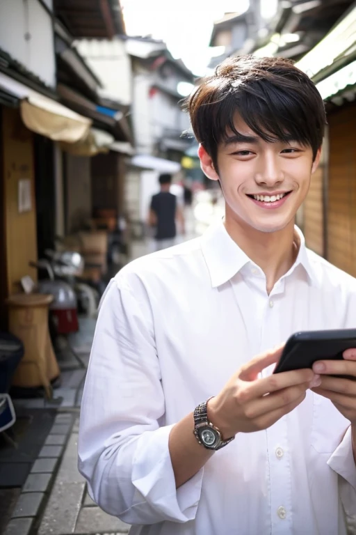 man looking at smartphone,a smile,20 year old man with handsome Japan,Wears a white shirt