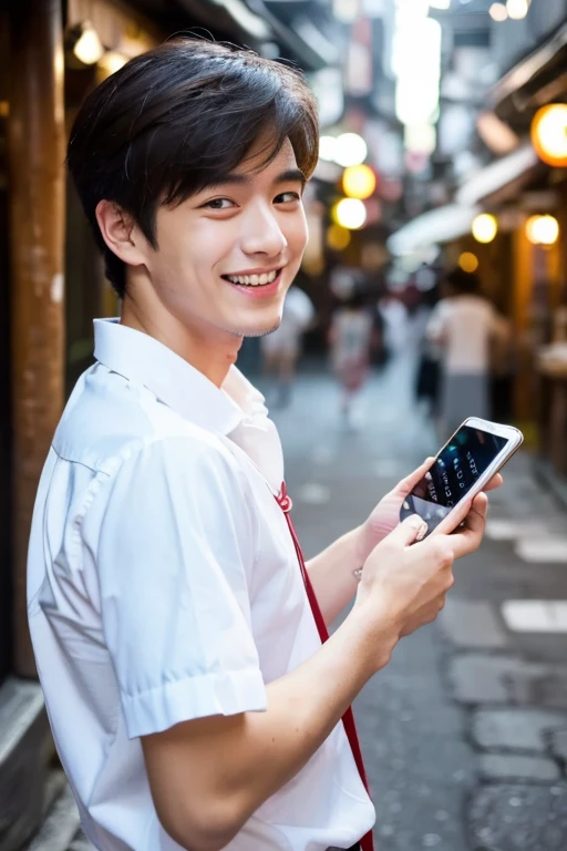 man looking at smartphone,a smile,20 year old man with handsome Japan,Wears a white shirt