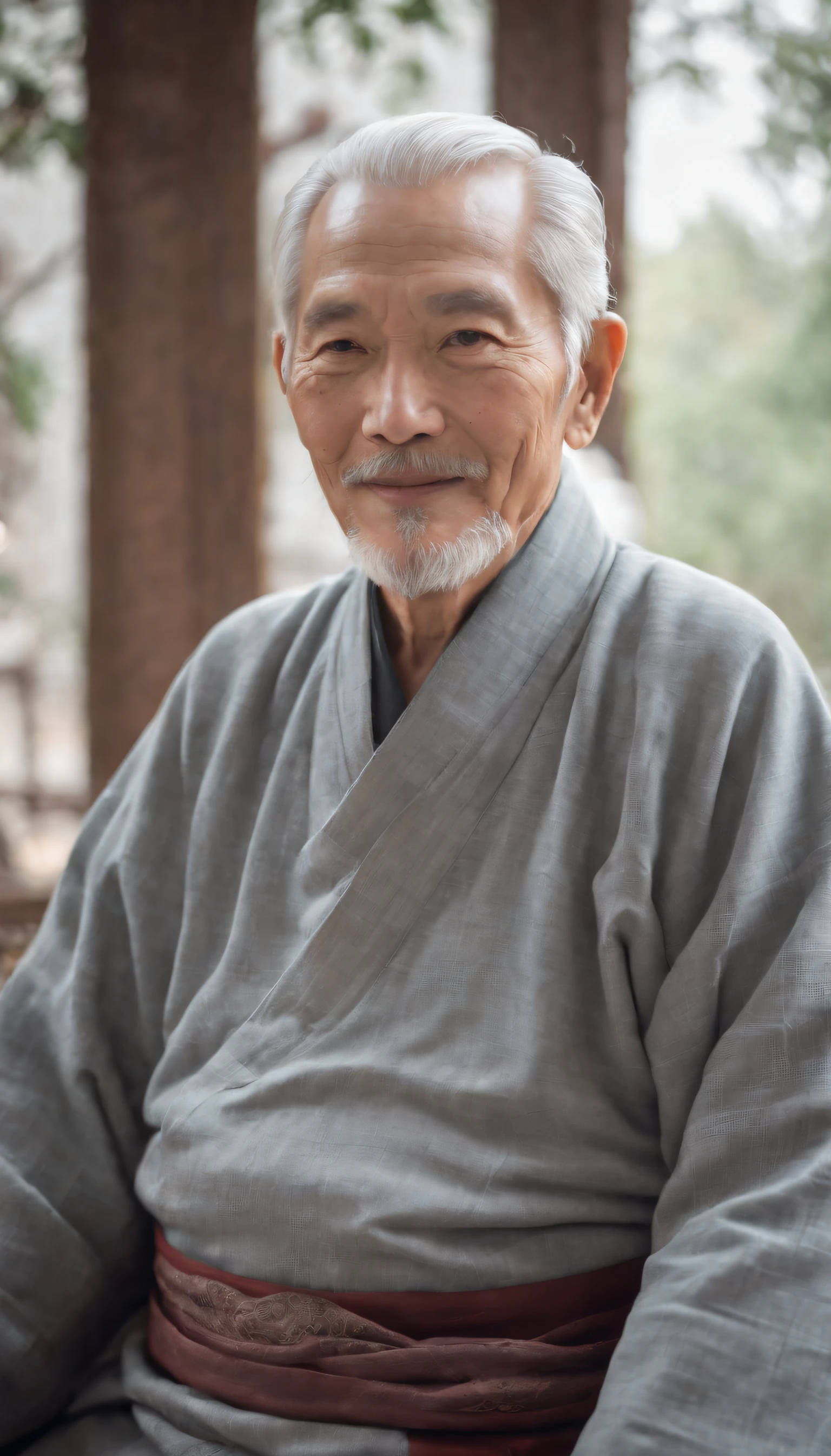 An old man with white hair and white beard, Smiling, 80-year-old,Middle of the lens,,Old, Indoors, Wearing gray Chinese clothing,ancient buildings of China, Medium scenario , Best quality at best,Photographed,Chinese Taoist Temple, Ancient chinese temple,sitting cross-legged,
