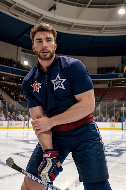 chris evans is a ice hockey player, muscular body, massive bulge, he is in an ice rink