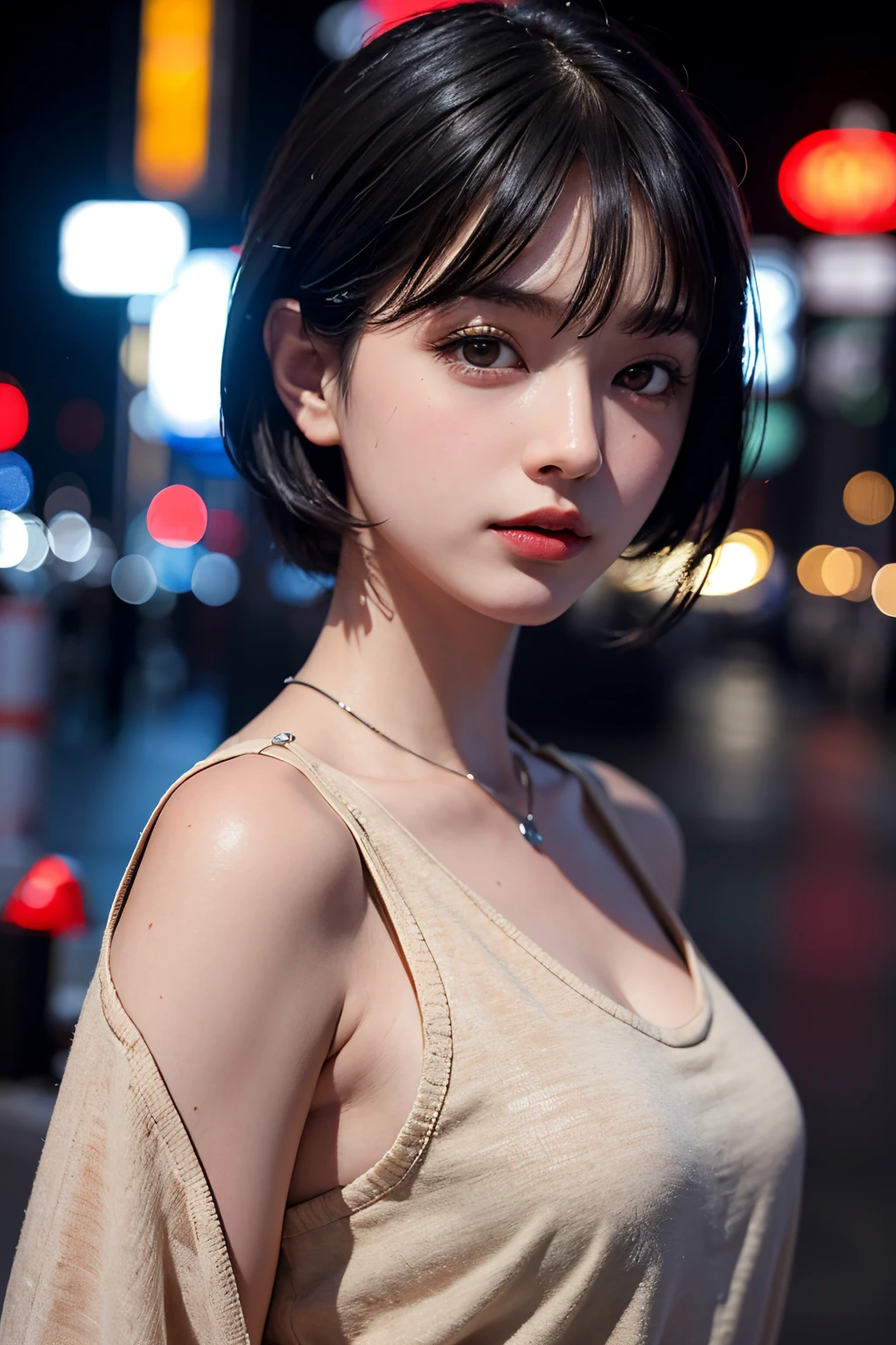 1girl With short black hair, Tokyo street,night, cityscape,city lights, upper body,close-up, 8k, RAW photo, best quality, masterpiece,realistic, photo-realistic,