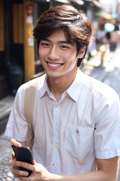 man looking at smartphone,a smile,20 year old man with handsome Japan,Wears a white shirt