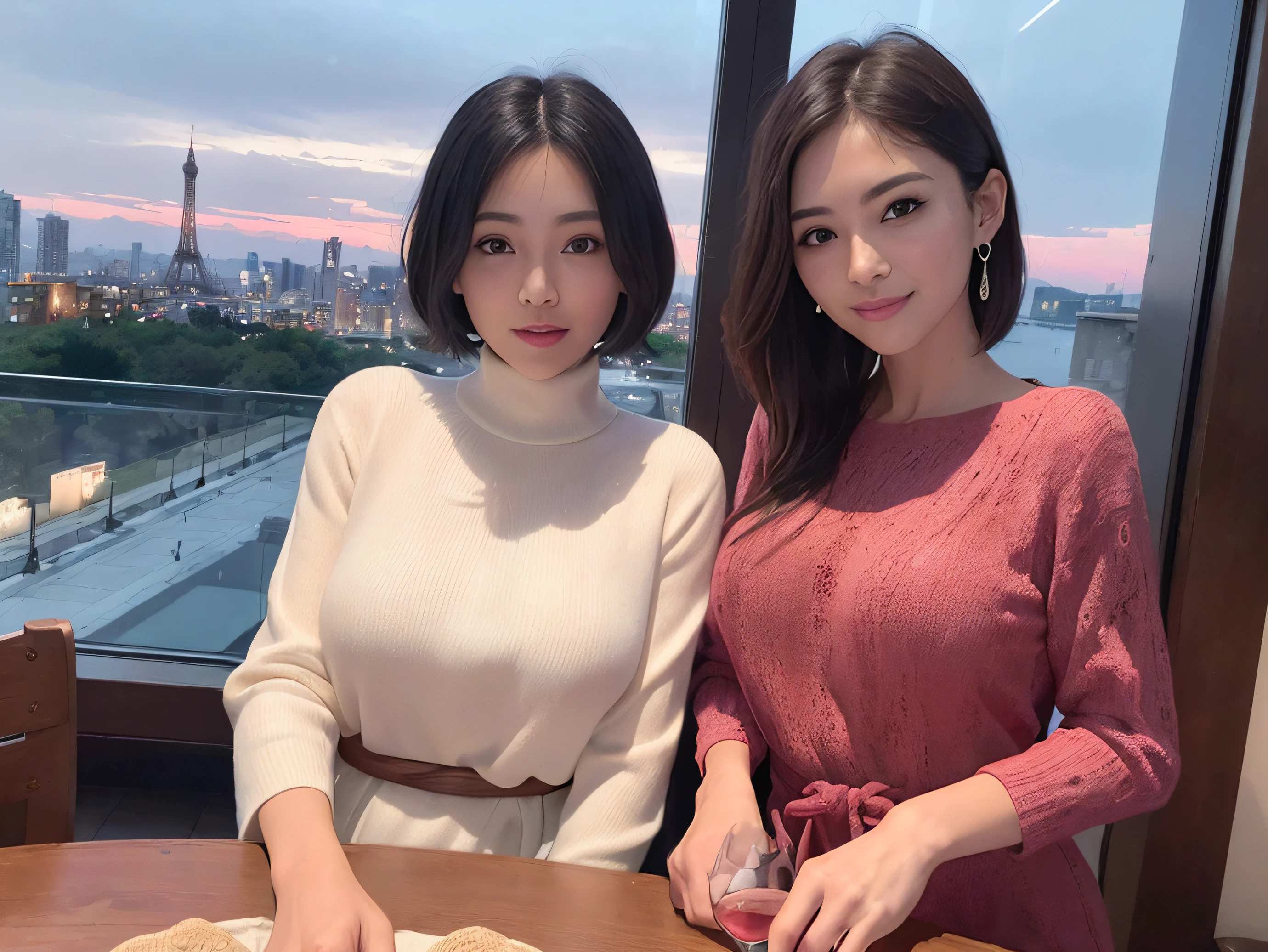 (64k uhd、nffsw、top-quality、masterpiece:1.2)、(realisitic、Photorealsitic:1.37)、ultra-detailliert、Mature woman with wine glass、1 pretty lady、(Slim Faces)、(Slim body)、(brawn hair)、(short-cut)、smiling french woman、Italian woman、Americana、blush a little on the cheeks、(52yo)、45 yers old、red wine、A beautiful and detailed night view spreads out outside the window..、resturant、Wine glasses in a prominent place、natta、(from waist up)、sitting on、date、(A smile:1.15)、Beautiful fine eyes、The upper part of the body、bustup、Cashmere sweater、long-sleeved dresses、japanes、(short-hair:1.2)、Float NovaFrogStyle、、modeled、from waist up、white wine、Slimed、wine glasses、Super beautiful night view、Put the wine glass in the middle、Happy smile、(8K、Raw photography、top-quality、masterpiece:1.2)、(realisitic、Photorealsitic:1.37)、ultra-detailliert、超A high resolution、2 females、see the beholder、beautifull detailed face、A smile、Constriction、(Slim waist) :1.3)、knit shirt、Beautiful detailed skin、Skin Texture、floated hair、professional light needle breast、eyes gentle
