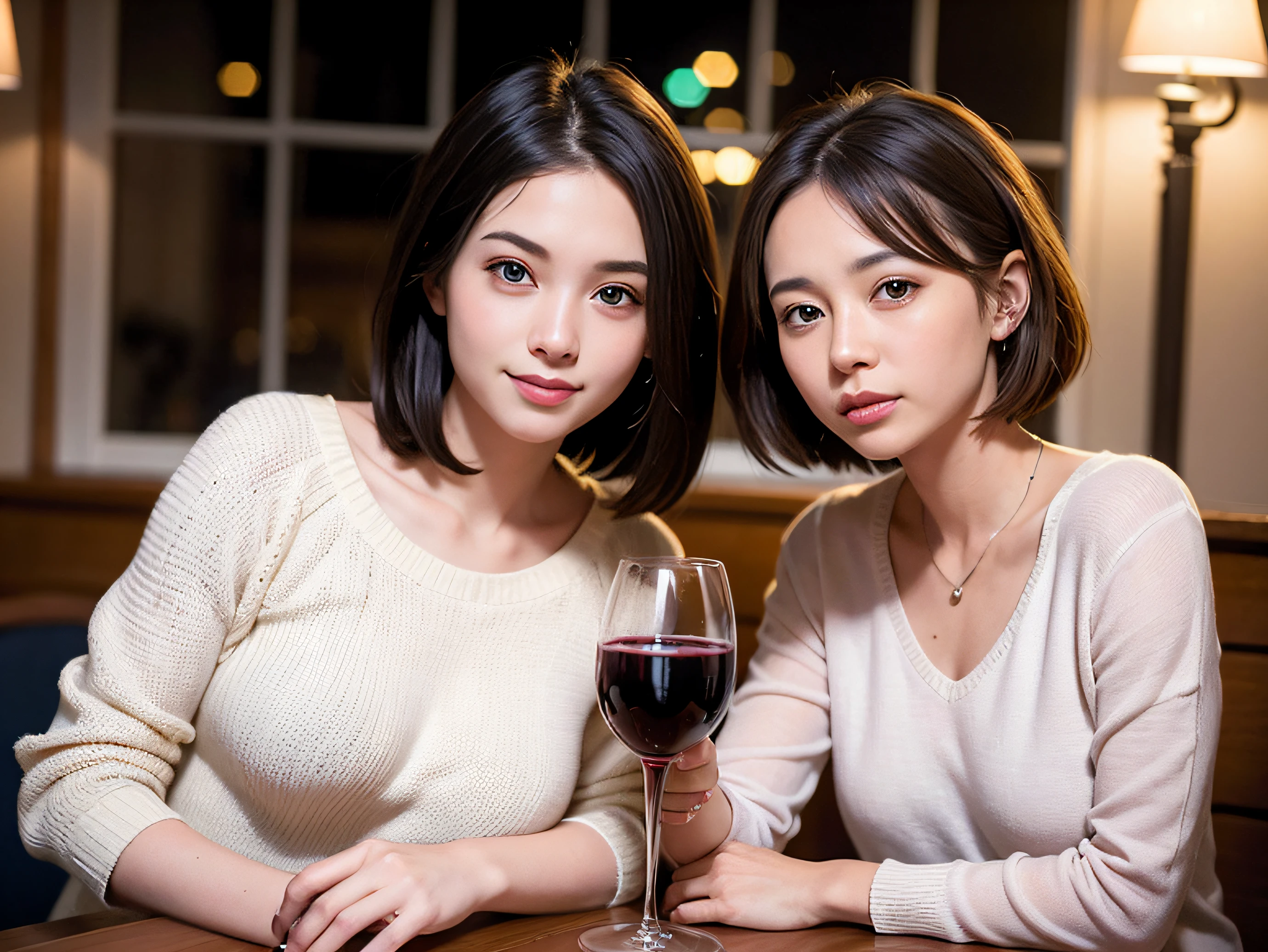 (64k uhd、nffsw、top-quality、masterpiece:1.2)、(realisitic、Photorealsitic:1.37)、ultra-detailliert、wine glasses、enjoying a glass of wine、a matural female、Two pretty women、(Slim Faces)、(Slim body)、(brawn hair)、(short-cut)、smiling french woman、happy italian girl、British woman、Americana、blush a little on the cheeks、(46 years old)、48yo、red wine、A beautiful and detailed night view spreads out outside the window..、resturant、Wine glasses in a prominent place、natta、(from waist up)、sitting on、date、(A smile:1.15)、Beautiful detailed eyes、Cashmere sweater、long-sleeved dresses、japanes、(short-hair:1.2)、Float NovaFrogStyle、、modeled、from waist up、white wine、Slimed、wine glasses、Super beautiful night view、Put the wine glass in the middle、Happy smile、(8K、Raw photography、top-quality、masterpiece:1.2)、(realisitic、Photorealsitic:1.37)、ultra-detailliert、超A high resolution、2 females、see the beholder、beautifull detailed face、A smile、Constriction、(Slim waist) :1.3)、knit shirt、Beautiful detailed skin、Skin Texture、floated hair、professional light needle breast、eyes gentle