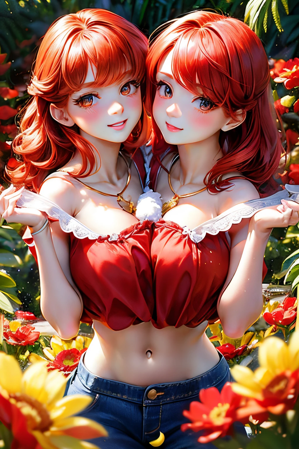(masterpiece, best quality), best resolution, (2heads:1.5), realisticlying、 1 人、Red-haired, young, cute, heads side-by-side equally on chest, verd s eyes, radiant eyes, croptop, skinny pants, Parted lips, red blush, natta, florals, suns, sunlights