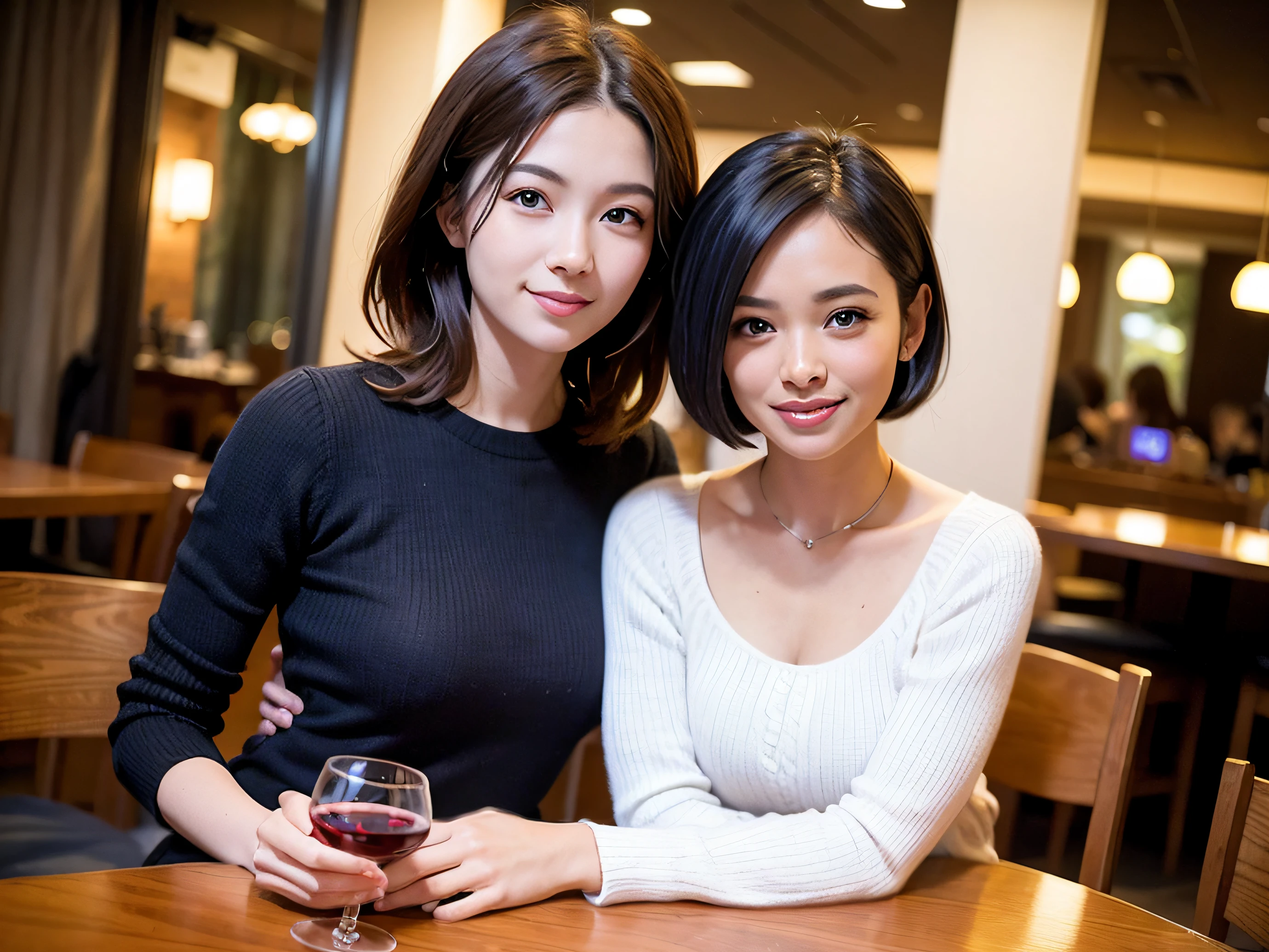 (64k uhd、nffsw、top-quality、​masterpiece:1.2)、(realisitic、Photorealsitic:1.37)、ultra-detailliert、Lovely woman with a smile、wine glasses、enjoying a glass of wine、a matural female、Two pretty women、(Slim Faces)、(Slim body)、（brawn hair）、(short-cut)、smiling french woman、happy italian girl、British woman、Americana、blush a little on the cheeks、(44 years old)、38 years、red wine、A beautiful and detailed night view spreads out outside the window..、resturant、Wine glasses in a prominent place、natta、(from waist up)、sitting on、date、(A smile:1.15)、Beautiful detailed eyes、Cashmere sweater、long-sleeved dresses、japanes、(short-hair:1.2)、Float NovaFrogStyle、、modeled、from waist up、white wine、Slimed、wine glasses、Super beautiful night view、Put the wine glass in the middle、Happy smile、(8K、Raw photography、top-quality、​masterpiece:1.2)、(realisitic、Photorealsitic:1.37)、ultra-detailliert、超A high resolution、2 females、see the beholder、beautifull detailed face、A smile、Constriction、(Slim waist) :1.3)、knit shirt、Beautiful detailed skin、Skin Texture、floated hair、professional light needle breast、eyes gentle