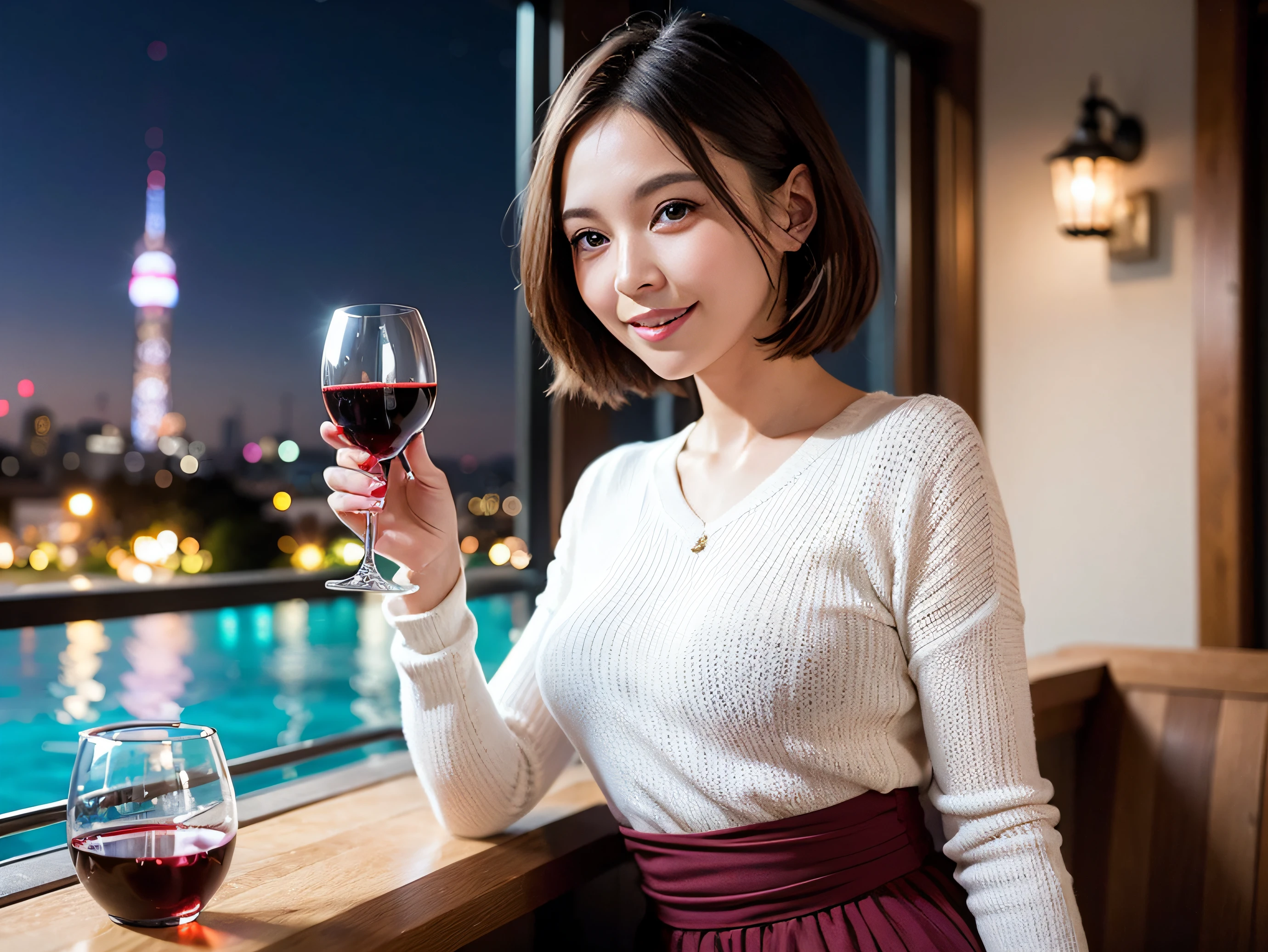 (64k uhd、nffsw、top-quality、masterpiece:1.2)、(realisitic、Photorealsitic:1.37)、ultra-detailliert、Lovely woman with a smile、wine glasses、enjoying a glass of wine、a matural female、Two pretty women、(Slim Faces)、(Slim body)、(brawn hair)、(short-cut)、smiling french woman、happy italian girl、British woman、Americana、blush a little on the cheeks、(44 years old)、38 years、red wine、A beautiful and detailed night view spreads out outside the window..、resturant、Wine glasses in a prominent place、natta、(from waist up)、sitting on、date、(A smile:1.15)、Beautiful detailed eyes、Cashmere sweater、long-sleeved dresses、japanes、(short-hair:1.2)、Float NovaFrogStyle、、modeled、from waist up、white wine、Slimed、wine glasses、Super beautiful night view、Put the wine glass in the middle、Happy smile、(8K、Raw photography、top-quality、masterpiece:1.2)、(realisitic、Photorealsitic:1.37)、ultra-detailliert、超A high resolution、2 females、see the beholder、beautifull detailed face、A smile、Constriction、(Slim waist) :1.3)、knit shirt、Beautiful detailed skin、Skin Texture、floated hair、professional light needle breast、eyes gentle