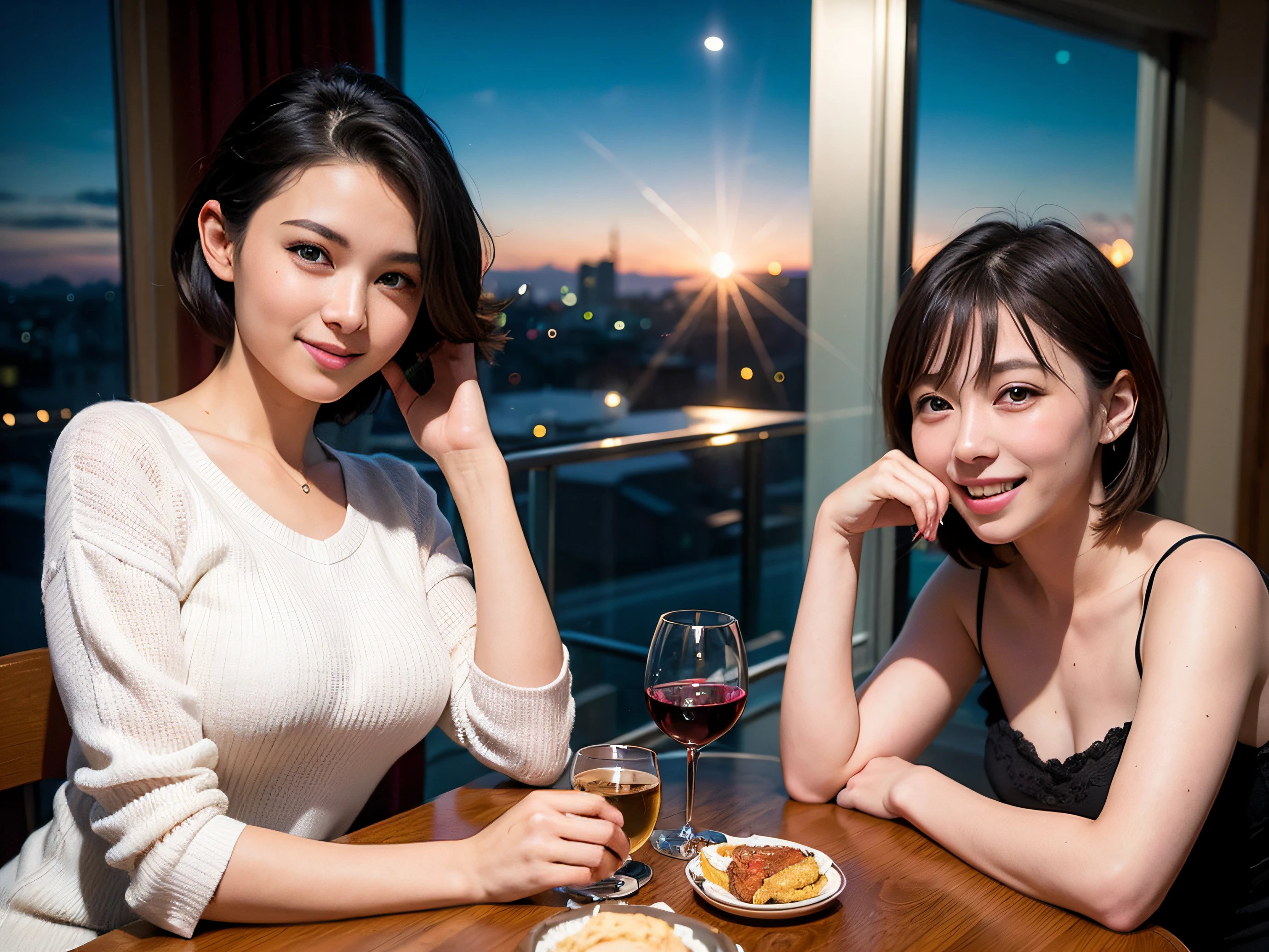 (64k uhd、nffsw、top-quality、masterpiece:1.2)、(realisitic、Photorealsitic:1.37)、ultra-detailliert、Lovely woman with a smile、wine glasses、enjoying a glass of wine、a matural female、Two pretty women、(Slim Faces)、(Slim body)、(brawn hair)、(short-cut)、smiling french woman、happy italian girl、British woman、Americana、blush a little on the cheeks、(44 years old)、38 years、red wine、A beautiful and detailed night view spreads out outside the window..、resturant、Wine glasses in a prominent place、natta、(from waist up)、sitting on、date、(A smile:1.15)、Beautiful detailed eyes、Cashmere sweater、long-sleeved dresses、japanes、(short-hair:1.2)、Float NovaFrogStyle、、modeled、from waist up、white wine、Slimed、wine glasses、Super beautiful night view、Put the wine glass in the middle、Happy smile、(8K、Raw photography、top-quality、masterpiece:1.2)、(realisitic、Photorealsitic:1.37)、ultra-detailliert、超A high resolution、2 females、see the beholder、beautifull detailed face、A smile、Constriction、(Slim waist) :1.3)、knit shirt、Beautiful detailed skin、Skin Texture、floated hair、professional light needle breast、eyes gentle