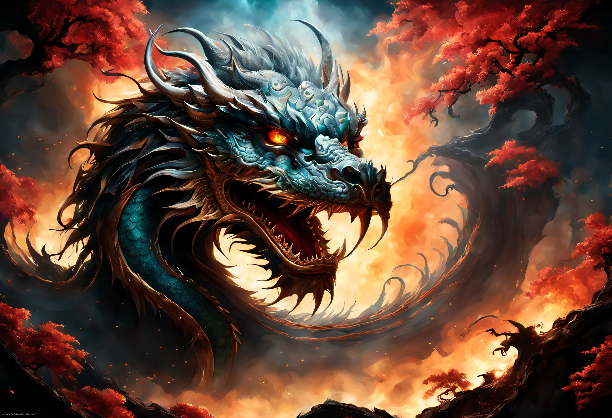 a majestic Chinese Dragon, intricately detailed scales, fierce expression, fiery breath, flowing mane, powerful wings, vibrant colors, glowing eyes, mythical creature, traditional art style, dynamic pose, mystical landscape, dragon chasing clouds, ethereal lighting, highres, sharp focus, vivid colors, traditional painting, detailed claws and teeth, ancient symbolism, dragon soaring in the sky