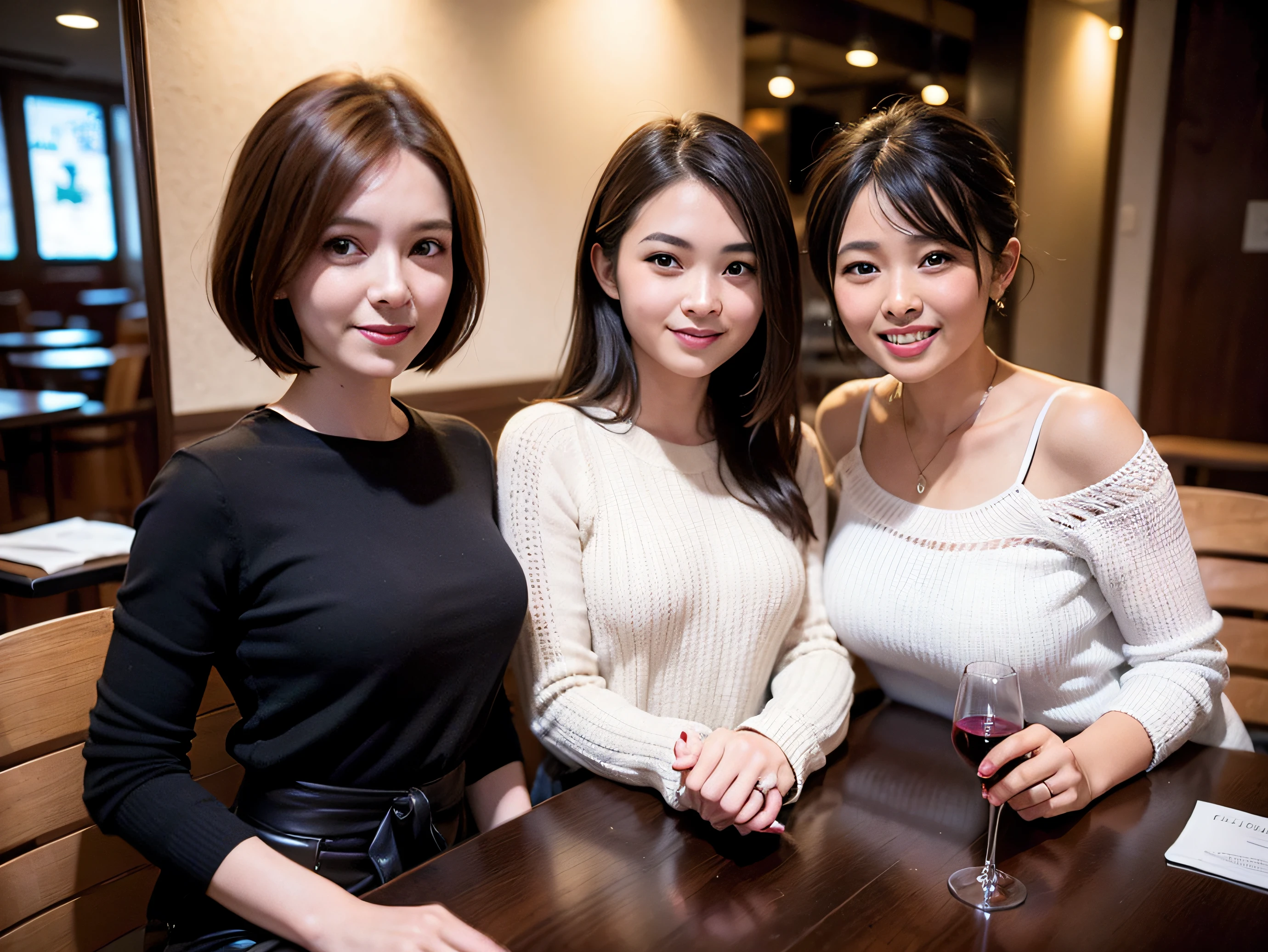 (64k uhd、nffsw、top-quality、​masterpiece:1.2)、(realisitic、Photorealsitic:1.37)、ultra-detailliert、Lovely woman with a smile、wine glasses、enjoying a glass of wine、a matural female、Two beautiful women、(Slim Faces)、(Slim body)、（brawn hair）、(short-cut)、smiling french woman、happy italian girl、British woman、Americana、blush a little on the cheeks、(36-years old)、38 years、red wine、A beautiful and detailed night view spreads out outside the window..、resturant、Wine glasses in a prominent place、natta、(from waist up)、sitting on、date、(A smile:1.15)、Beautiful detailed eyes、Cashmere sweater、long-sleeved dresses、japanes、(short-hair:1.2)、Float NovaFrogStyle、、modeled、from waist up、white wine、Slimed、wine glasses、Super beautiful night view、Put the wine glass in the middle、Happy smile、(8K、Raw photography、top-quality、​masterpiece:1.2)、(realisitic、Photorealsitic:1.37)、ultra-detailliert、超A high resolution、2 females、see the beholder、beautifull detailed face、A smile、Constriction、(Slim waist) :1.3)、knit shirt、Beautiful detailed skin、Skin Texture、floated hair、professional light needle breast、eyes gentle