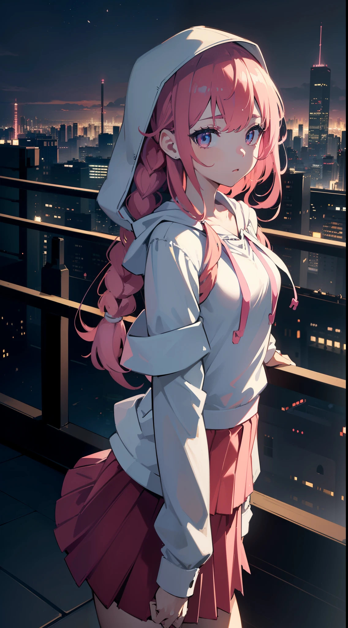 1girl, solo, li, pee, (very_long_hair), (pink_hair:1.2), braids, (red_eyeedium_breasts, (white_shirt:1.5), (windbreaker), (off_shoulder:1.2), (portrait), glowing_eyes, background_light, (cityscape:1.5), (pleated skirt)(neon_lights:1.2), (science), cyberpunk, ((masterpiece)), (highreest_quality), (highly_detailed), (original),(Delicate background),(extremely detailed 8K wallpaper),cinematic lighting, volume lighting, light particles, shaded_face, beautiful_detailed_eyes, depth_of_field, perspective,(hood:1.5),