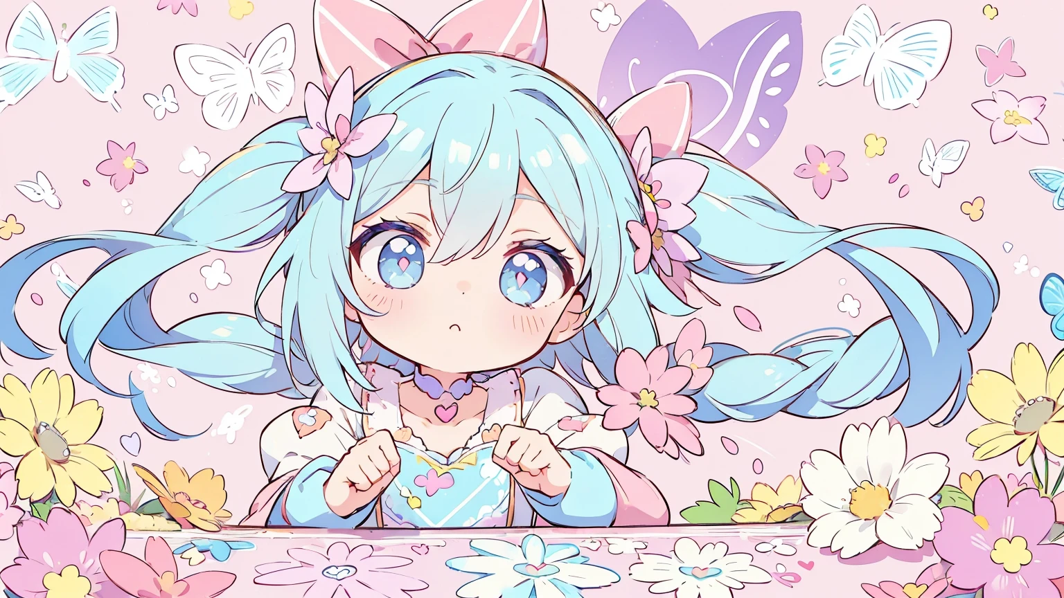 (Pastel background:1.2), patterned background, (Small graffiti everywhere), The whole background is filled with cute heart repeating patterns, Stars, butterflys, Background with flowers and other cute things:1.2)