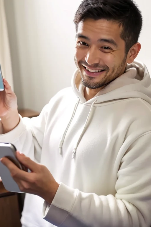 man looking at smartphone,a smile,30 year old Japanese man,Wearing a white hoodie,a little fat