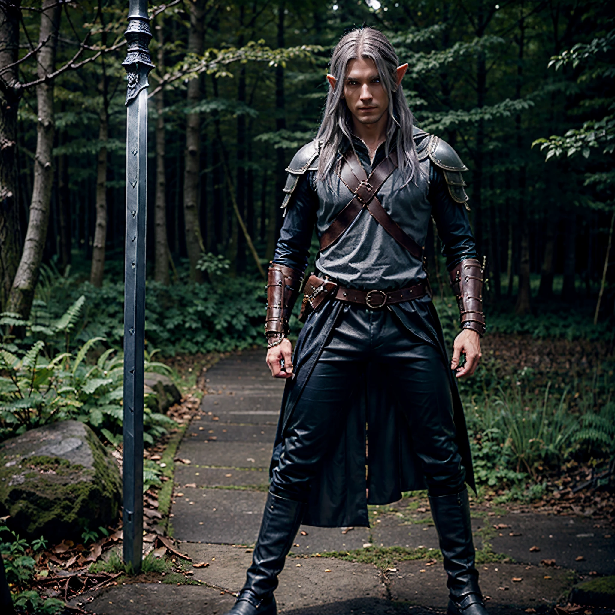 Elarian elf, male elf ranger, hunter, blueish gray hair, long hair, pale skin, silvery skin, slender, very dark navy blue wool cloak, light gray shirt, dnd character, ultrarealism, dark fantasy, simple silver arrow necklace, beautiful male, athletic body, slightly feminine, daggers and sword hanging on leather scabbard, brown leather vambrace, brown leather pauldrons, leather chest armor with raven symbol, leather boots, black pants, smirk, posing in dark forest, at night