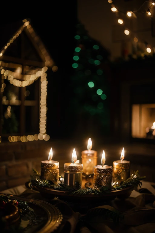 (Realistic photography, high detail, background) night environment, luxury house, warm light, many Christmas lights, green Christmas festoons, diffused light of candles, shallow depth of field