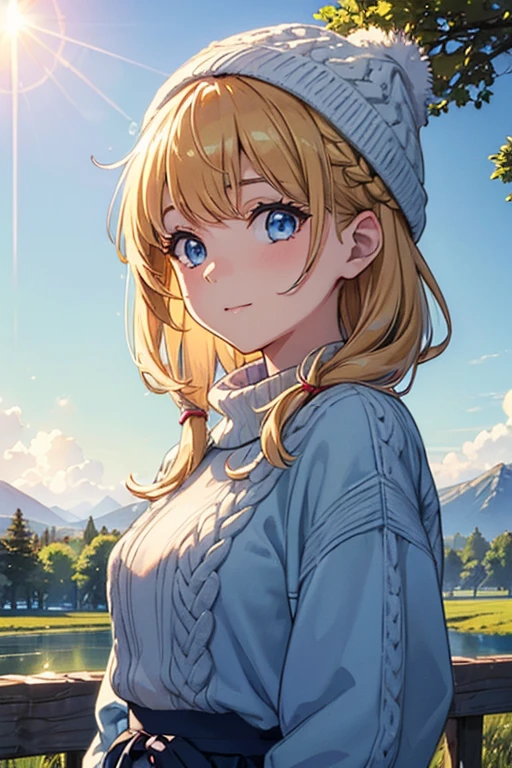 (upper body:1.5), Beautiful eyes, (Masterpiece: 1.2), (Super detailed: 1.2), (Perfect detail), (Very detailed and beautiful: 1.1),
Dramatic lighting, three-dimensional lighting, golden hour, winter, morning,
beautiful face, beautiful eyes,
Cute girl, 1 girl, solo, French braid, bangs, medium hair, blue eyes, happy, happy, walking,
break
Knitted hat, blue sweater, flared skirt,
River, suburb, road, field, tree, mountain, (lens flare: 1.2), (glow: 1.2), watercolor, (pastel color: 1.2), upper body, from below, light novel cover